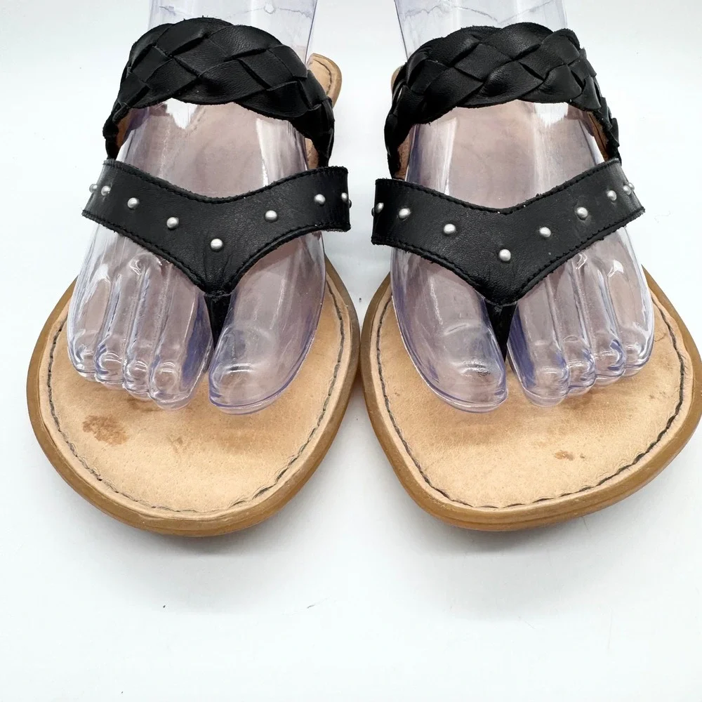 Born Braided Strap Thong Sandals Slip On Flats Black Leather Size 11 Boho Casual